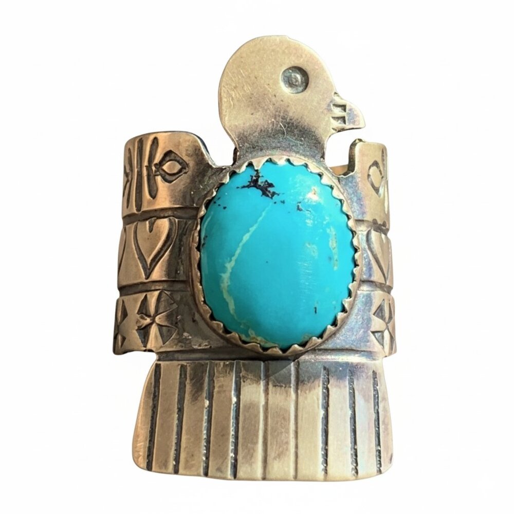 Yazzie Native American Navajo Authentic Turquoise Thunderbird Ring with Hearts - Picture 3 of 14